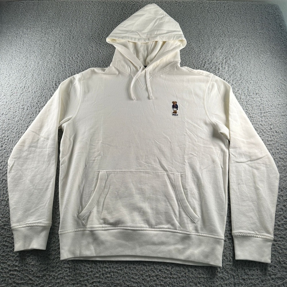 Polo Ralph Lauren Hoodie Mens L Polo Bear Embroidered White Cotton Blend‎ Cozy